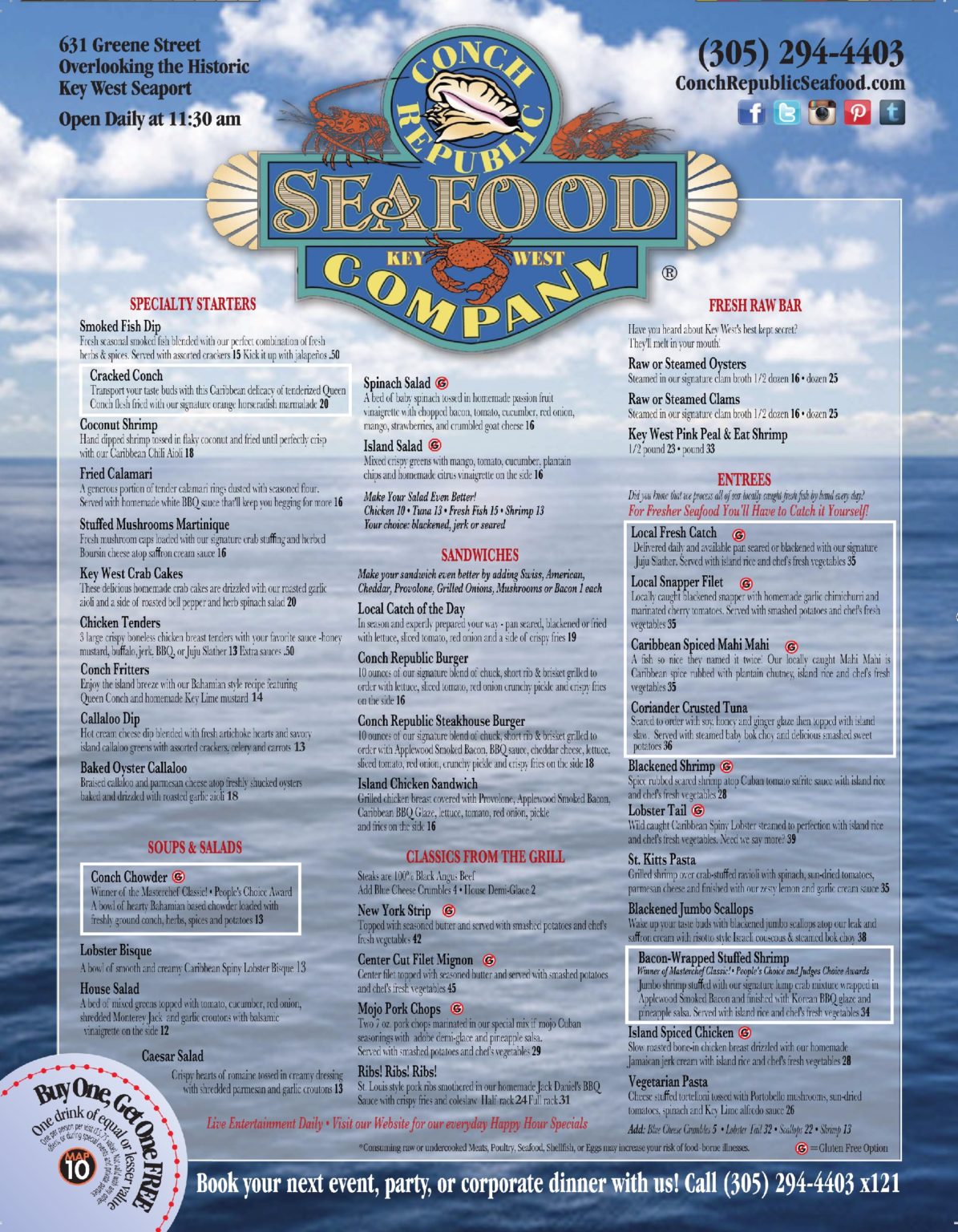 Conch Republic Seafood Company Restaurant Menu Key West Best Key